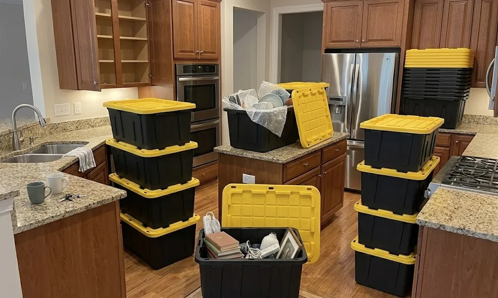 Yellow-lid plastic moving totes packed in a kitchen during a move